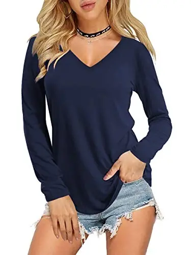 Amoretu Womens T Shirts V Neck Short Sleeve Tshirt Basic Tee Curved Hem Tops 