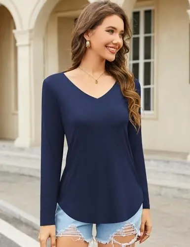 Amoretu Womens T Shirts V Neck Short Sleeve Tshirt Basic Tee Curved Hem Tops - AMORETU (1)