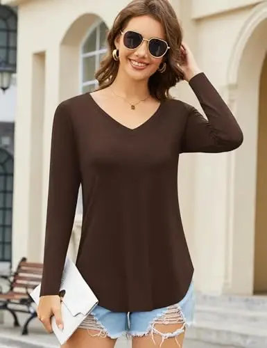 Amoretu Womens T Shirts V Neck Short Sleeve Tshirt Basic Tee Curved Hem Tops - 5