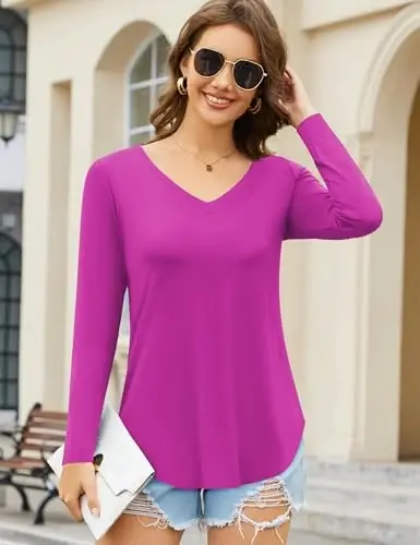 Amoretu Womens T Shirts V Neck Short Sleeve Tshirt Basic Tee Curved Hem Tops - 5