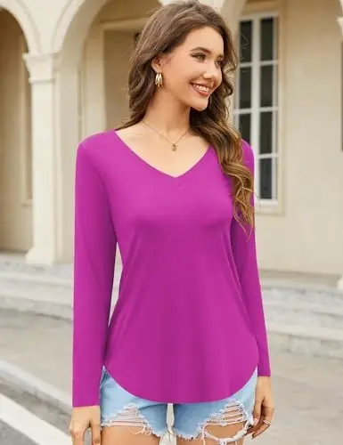 Amoretu Womens T Shirts V Neck Short Sleeve Tshirt Basic Tee Curved Hem Tops - 2