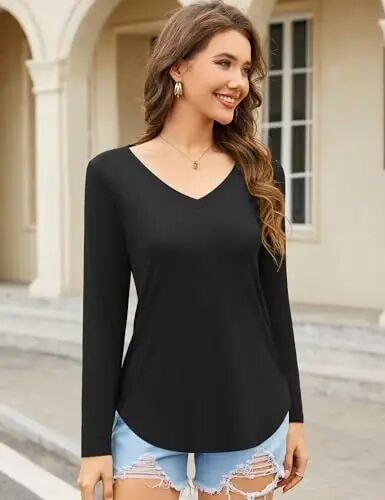 Amoretu Womens T Shirts V Neck Short Sleeve Tshirt Basic Tee Curved Hem Tops - 2