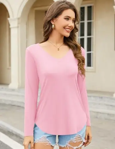 Amoretu Womens T Shirts V Neck Short Sleeve Tshirt Basic Tee Curved Hem Tops - 2