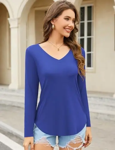 Amoretu Womens T Shirts V Neck Short Sleeve Tshirt Basic Tee Curved Hem Tops - 2