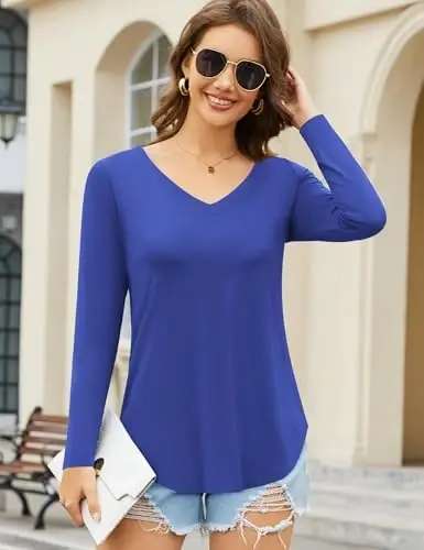 Amoretu Womens T Shirts V Neck Short Sleeve Tshirt Basic Tee Curved Hem Tops - 5