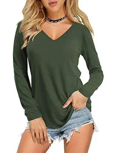 Amoretu Womens T Shirts V Neck Short Sleeve Tshirt Basic Tee Curved Hem Tops 