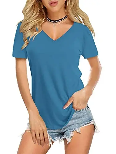 Amoretu Womens T Shirts V Neck Short Sleeve Tshirt Basic Tee Curved Hem Tops 