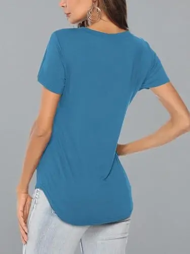 Amoretu Womens T Shirts V Neck Short Sleeve Tshirt Basic Tee Curved Hem Tops - 6