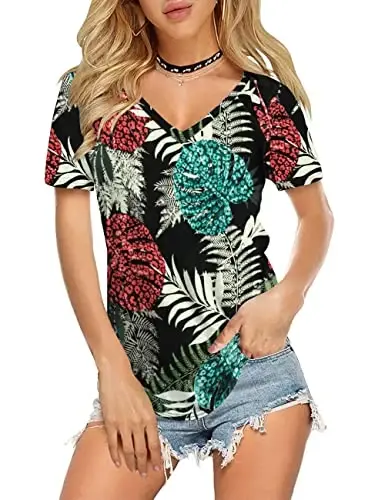 Amoretu Womens T Shirts V Neck Short Sleeve Tshirt Basic Tee Curved Hem Tops 