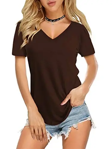 Amoretu Womens T Shirts V Neck Short Sleeve Tshirt Basic Tee Curved Hem Tops - 1