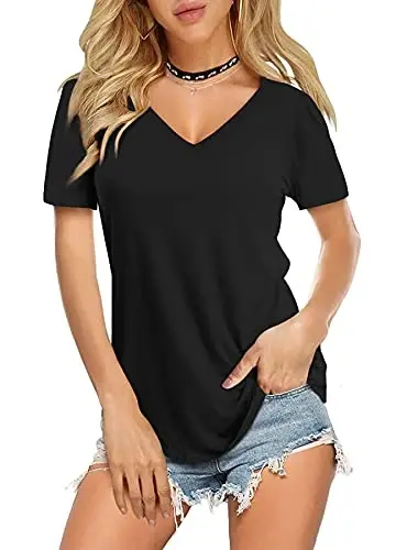Amoretu Womens T Shirts V Neck Short Sleeve Tshirt Basic Tee Curved Hem Tops - 1
