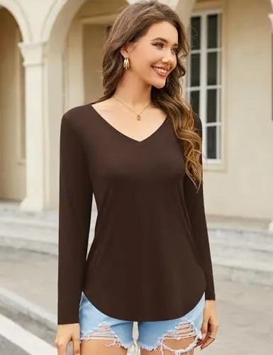 Amoretu Womens T Shirts V Neck Short Sleeve Tshirt Basic Tee Curved Hem Tops - 2
