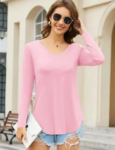 Amoretu Womens T Shirts V Neck Short Sleeve Tshirt Basic Tee Curved Hem Tops - 5