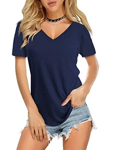Amoretu Womens T Shirts V Neck Short Sleeve Tshirt Basic Tee Curved Hem Tops 