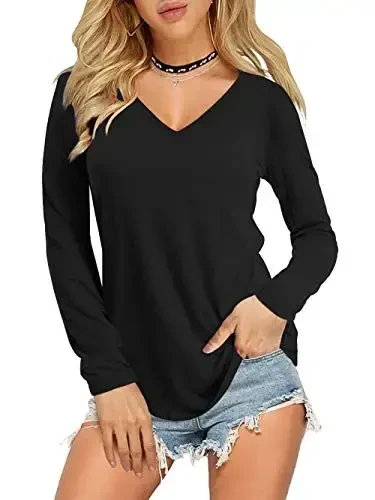 Amoretu Womens T Shirts V Neck Short Sleeve Tshirt Basic Tee Curved Hem Tops - 1