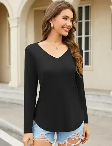 Amoretu Womens T Shirts V Neck Short Sleeve Tshirt Basic Tee Curved Hem Tops - AMORETU (1)