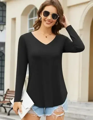 Amoretu Womens T Shirts V Neck Short Sleeve Tshirt Basic Tee Curved Hem Tops - 5