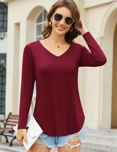 Amoretu Womens T Shirts V Neck Short Sleeve Tshirt Basic Tee Curved Hem Tops - 5