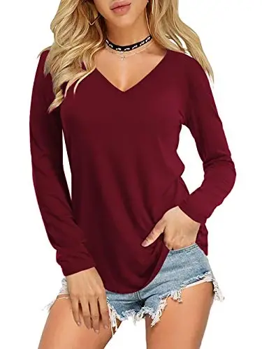Amoretu Womens T Shirts V Neck Short Sleeve Tshirt Basic Tee Curved Hem Tops 