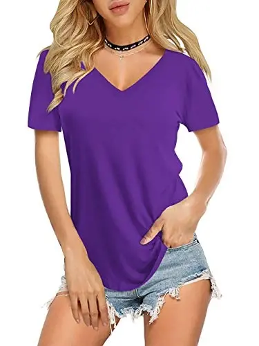 Amoretu Womens T Shirts V Neck Short Sleeve Tshirt Basic Tee Curved Hem Tops 