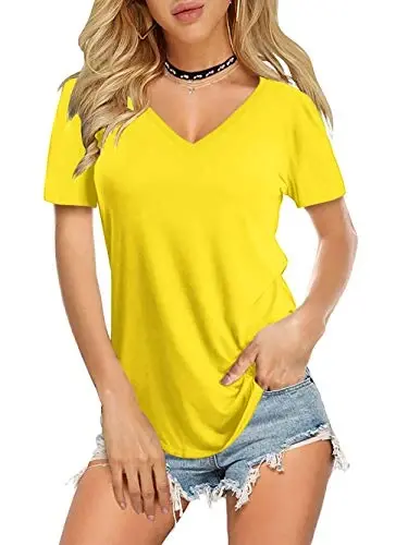 Amoretu Womens T Shirts V Neck Short Sleeve Tshirt Basic Tee Curved Hem Tops - AMORETU