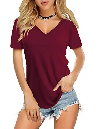 Amoretu Womens T Shirts V Neck Short Sleeve Tshirt Basic Tee Curved Hem Tops 