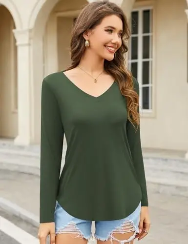 Amoretu Womens T Shirts V Neck Short Sleeve Tshirt Basic Tee Curved Hem Tops - 2