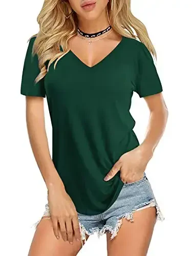 Amoretu Womens T Shirts V Neck Short Sleeve Tshirt Basic Tee Curved Hem Tops - AMORETU