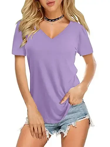 Amoretu Womens T Shirts V Neck Short Sleeve Tshirt Basic Tee Curved Hem Tops - AMORETU