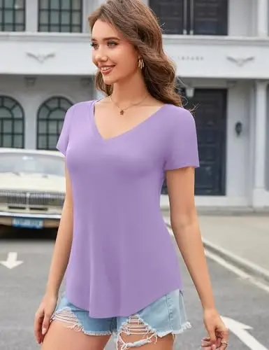 Amoretu Womens T Shirts V Neck Short Sleeve Tshirt Basic Tee Curved Hem Tops - 3