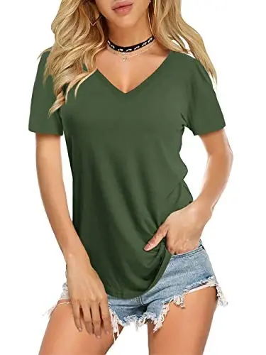 Amoretu Womens T Shirts V Neck Short Sleeve Tshirt Basic Tee Curved Hem Tops - 1