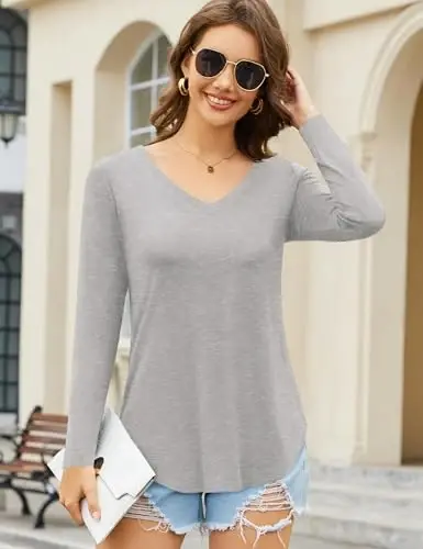 Amoretu Womens T Shirts V Neck Short Sleeve Tshirt Basic Tee Curved Hem Tops - 5