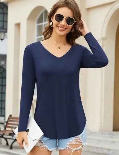 Amoretu Womens T Shirts V Neck Short Sleeve Tshirt Basic Tee Curved Hem Tops - 3