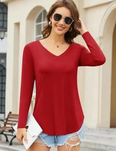 Amoretu Womens T Shirts V Neck Short Sleeve Tshirt Basic Tee Curved Hem Tops - 1