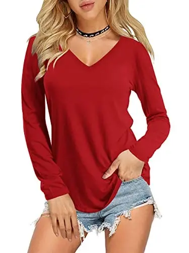 Amoretu Womens T Shirts V Neck Short Sleeve Tshirt Basic Tee Curved Hem Tops - 6