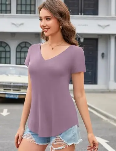Amoretu Womens T Shirts V Neck Short Sleeve Tshirt Basic Tee Curved Hem Tops - 6