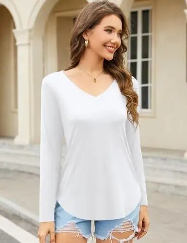 Amoretu Womens T Shirts V Neck Short Sleeve Tshirt Basic Tee Curved Hem Tops - 6