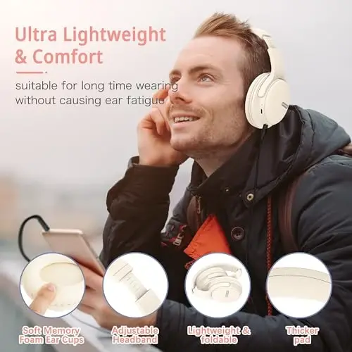 AMORNO Bluetooth quloqchinlari, 68 soat ijro etish vaqti simsiz quloqchinlar mikrofon bilan, katlanadigan sozlanishi engil HiFi stereo гарнитура mobil telefon/kompyuter/ish/sayohat uchun (oq) - AMORNO (1)