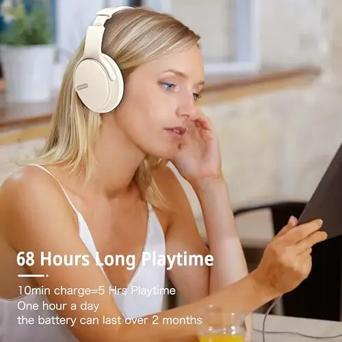 AMORNO Bluetooth quloqchinlari, 68 soat ijro etish vaqti simsiz quloqchinlar mikrofon bilan, katlanadigan sozlanishi engil HiFi stereo гарнитура mobil telefon/kompyuter/ish/sayohat uchun (oq) - 5