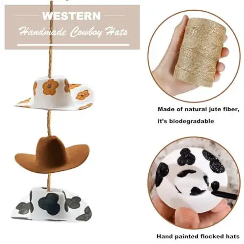 Амулет для машины в виде ковбойской шляпы, аксессуары для подвешивания на зеркало заднего вида в стиле кантри, подсолнух ковбойская шляпа с принтом коровы для украшения машины, милый ручной мини-шляпка из фетра подвеска для женщин и девочек - 4