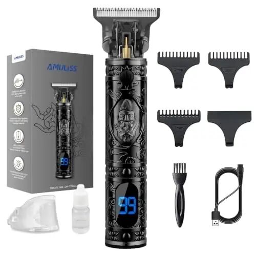 AMULISS Beard Trimmer for Men,Vintage Hair Trimmer, LED Rechargable (Black) | Multifunctional,180-min Running Time,All-Metal Body,T- blade trimmer for beard,haircut,Carving,body hair,balding trimming - AMULISS