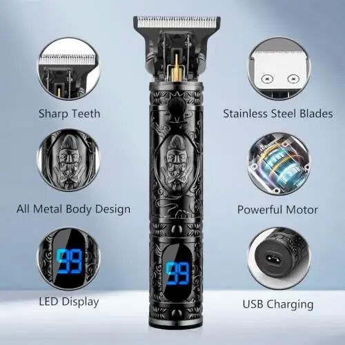 AMULISS Beard Trimmer for Men,Vintage Hair Trimmer, LED Rechargable (Black) | Multifunctional,180-min Running Time,All-Metal Body,T- blade trimmer for beard,haircut,Carving,body hair,balding trimming - 2