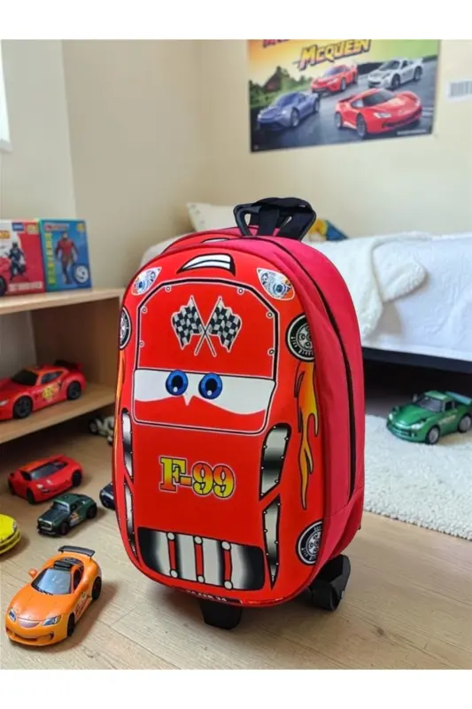 Anaokulu Kreş Çocuk Valiz Sırt Çantası Çekçekli Tekerlekli-Kırmızı - 2