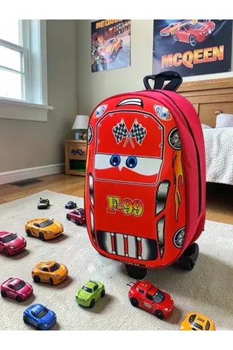 Anaokulu Kreş Çocuk Valiz Sırt Çantası Çekçekli Tekerlekli-Kırmızı - 6