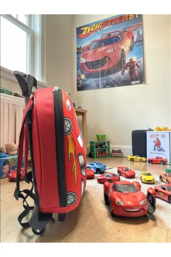 Anaokulu Kreş Çocuk Valiz Sırt Çantası Çekçekli Tekerlekli-Kırmızı - 3