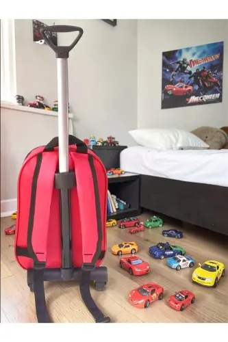 Anaokulu Kreş Çocuk Valiz Sırt Çantası Çekçekli Tekerlekli-Kırmızı - 8