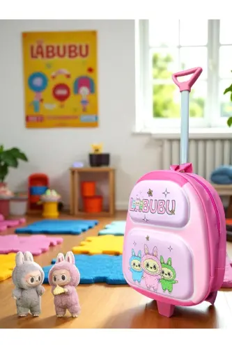 Anaokulu Kreş Çocuk Valiz Sırt Çantası Çekçekli Tekerlekli - Pembe - LABUBU - ÜÇLÜ - 2