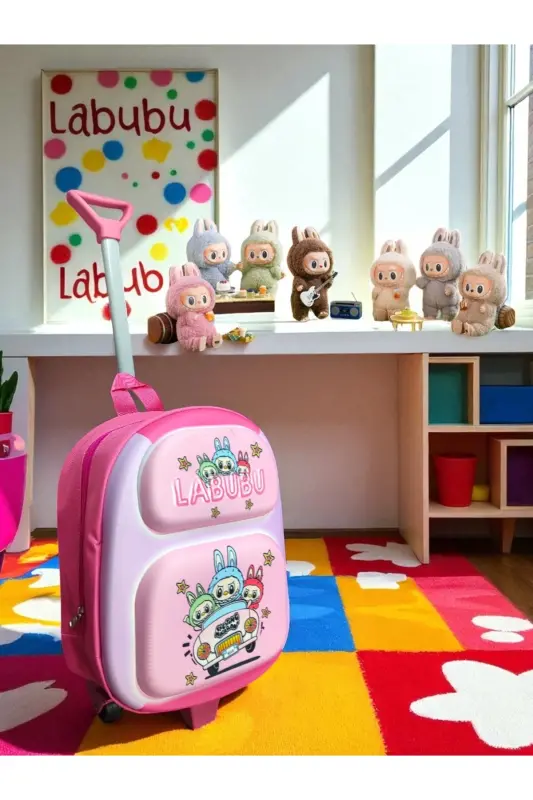 Anaokulu Kreş Çocuk Valiz Sırt Çantası Çekçekli Tekerlekli - Pembe - LABUBU - ÜÇLÜ - 4