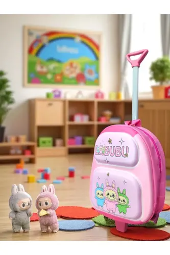 Anaokulu Kreş Çocuk Valiz Sırt Çantası Çekçekli Tekerlekli - Pembe - LABUBU - ÜÇLÜ - 5