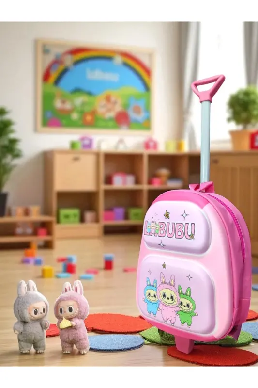 Anaokulu Kreş Çocuk Valiz Sırt Çantası Çekçekli Tekerlekli - Pembe - LABUBU - ÜÇLÜ - 5